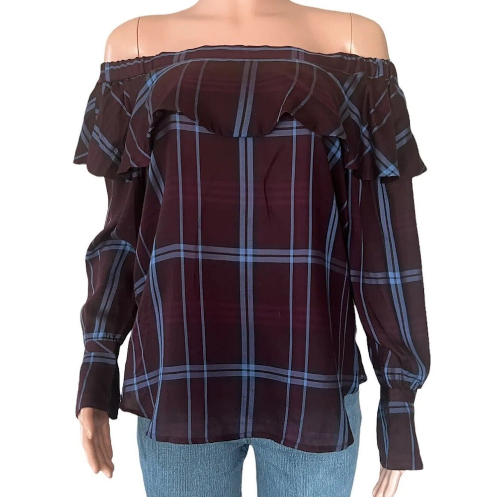 Ann Taylor Loft Shirt Womens Small Purple Plaid Ruffle Off the Shoulder Blouse